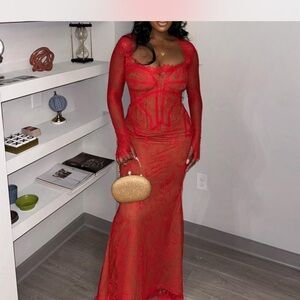 Elegant Red Lace Evening Gown